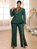 Women's Beaded Blazer and Wide Leg Pants Suit Set