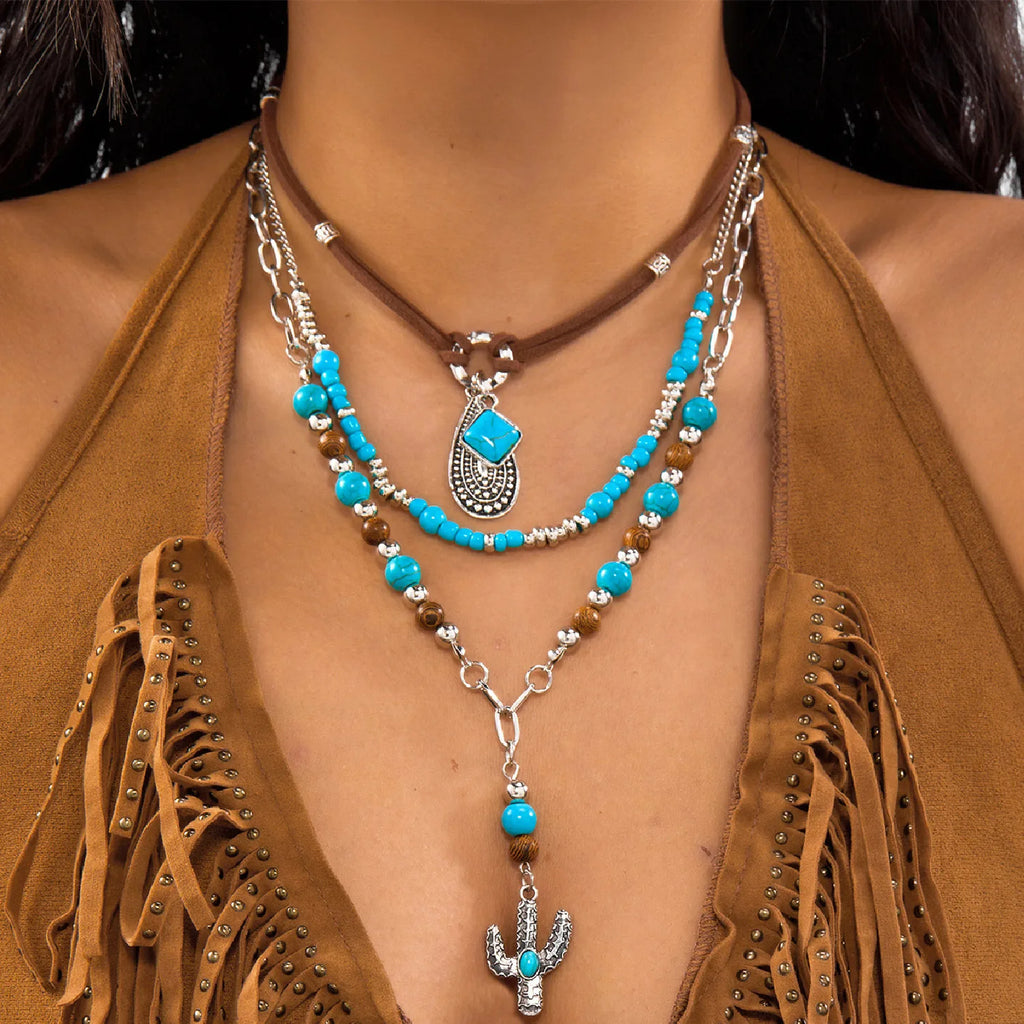 Women's Fashion Bohemian Turquoise Beaded Western Pendant Necklace