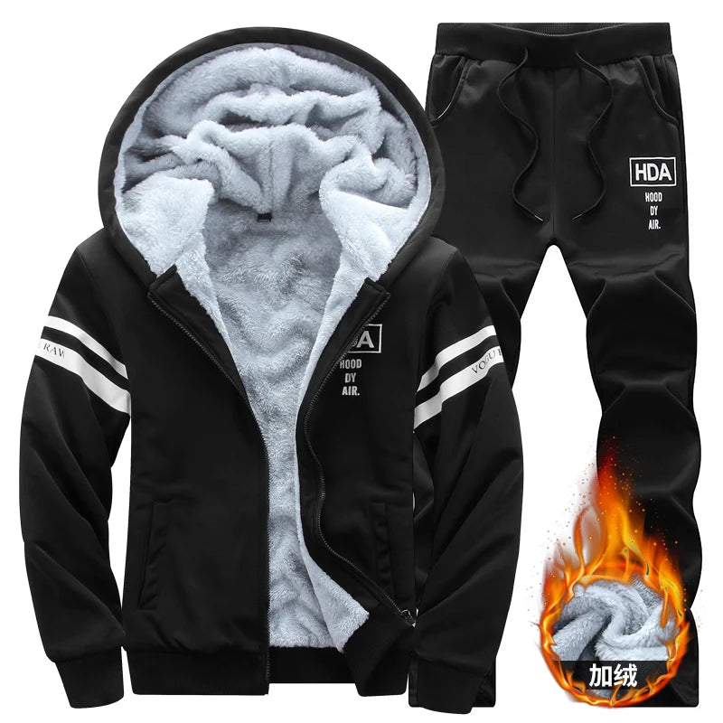 Men's Casual Plush Thickened Hoodie and Pants Two Piece Tracksuit Set