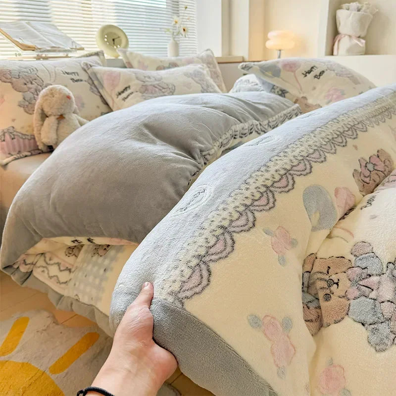 Warm Velvet Cartoon Duvet Cover and Plush Bedding Set