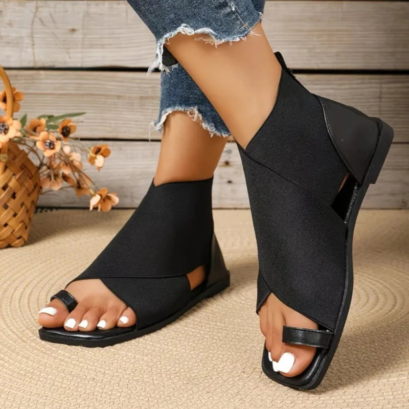 Women's Square Toe Gladiator Sandals Elastic Strap Flat Summer Shoes