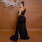 Women's One Shoulder Ruched Mermaid Maxi Evening Dress