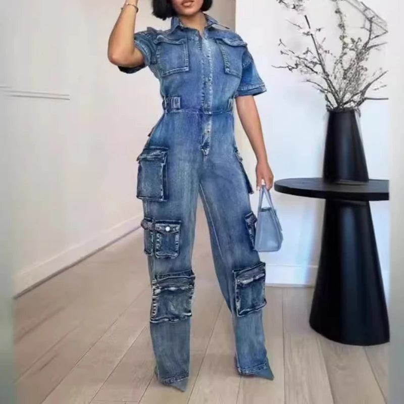 Women's Short Sleeve Denim Cargo Jumpsuit