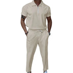 Men's Solid Color Lapel Short Sleeve Zipper Trouser Suit