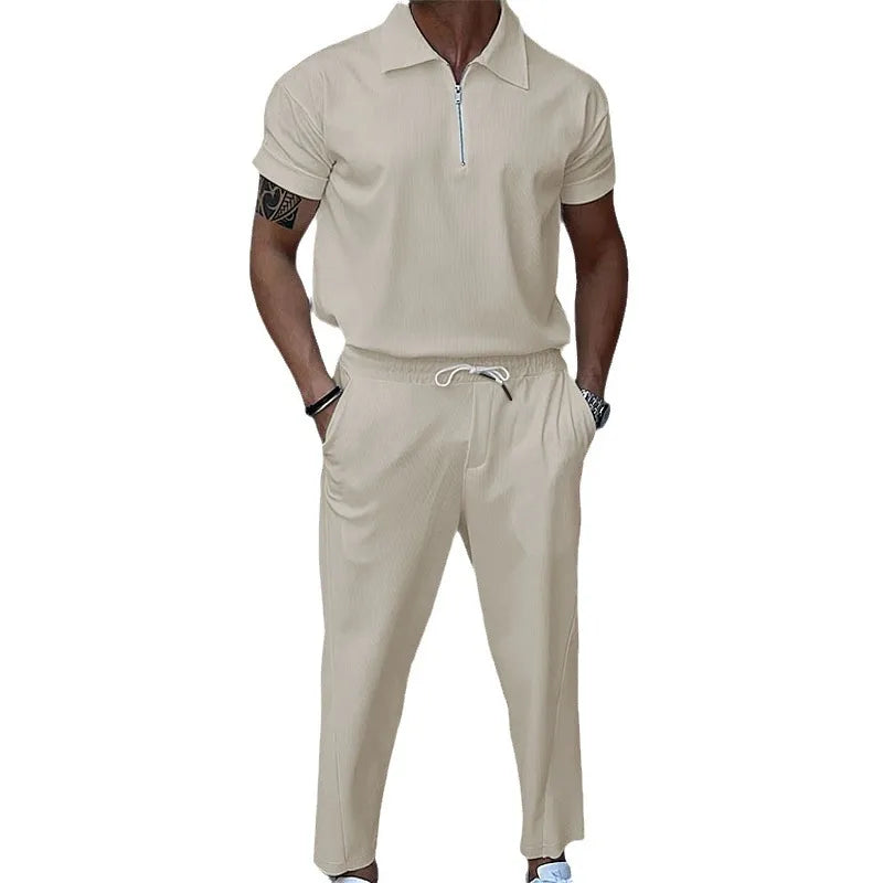 Men's Solid Color Lapel Short Sleeve Zipper Trouser Suit