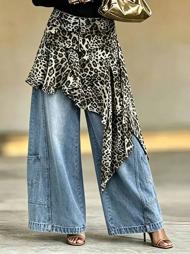 Women's Leopard Patchwork Baggy Loose Wide Leg Jeans