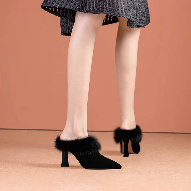 Women's Pointed Toe Plush Block Heel Slippers