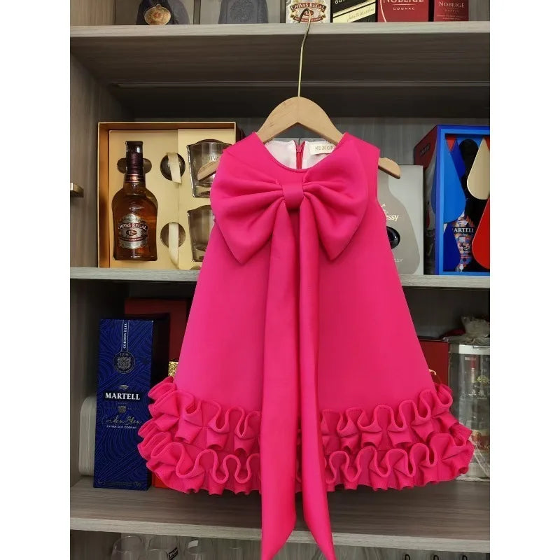 Girls' Bowknot Ruffled Hem Sleeveless Princess Dress A4028-3