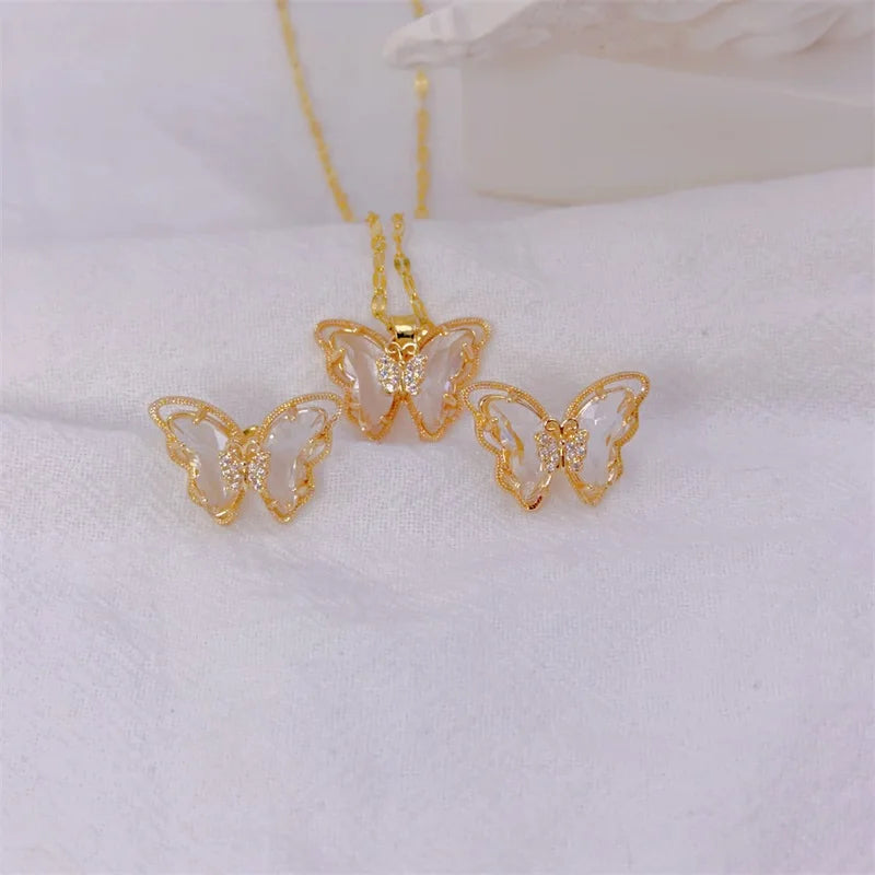 Women's Fashion Cute Micro-Inlaid Butterfly Necklace and Earrings Jewelry Set