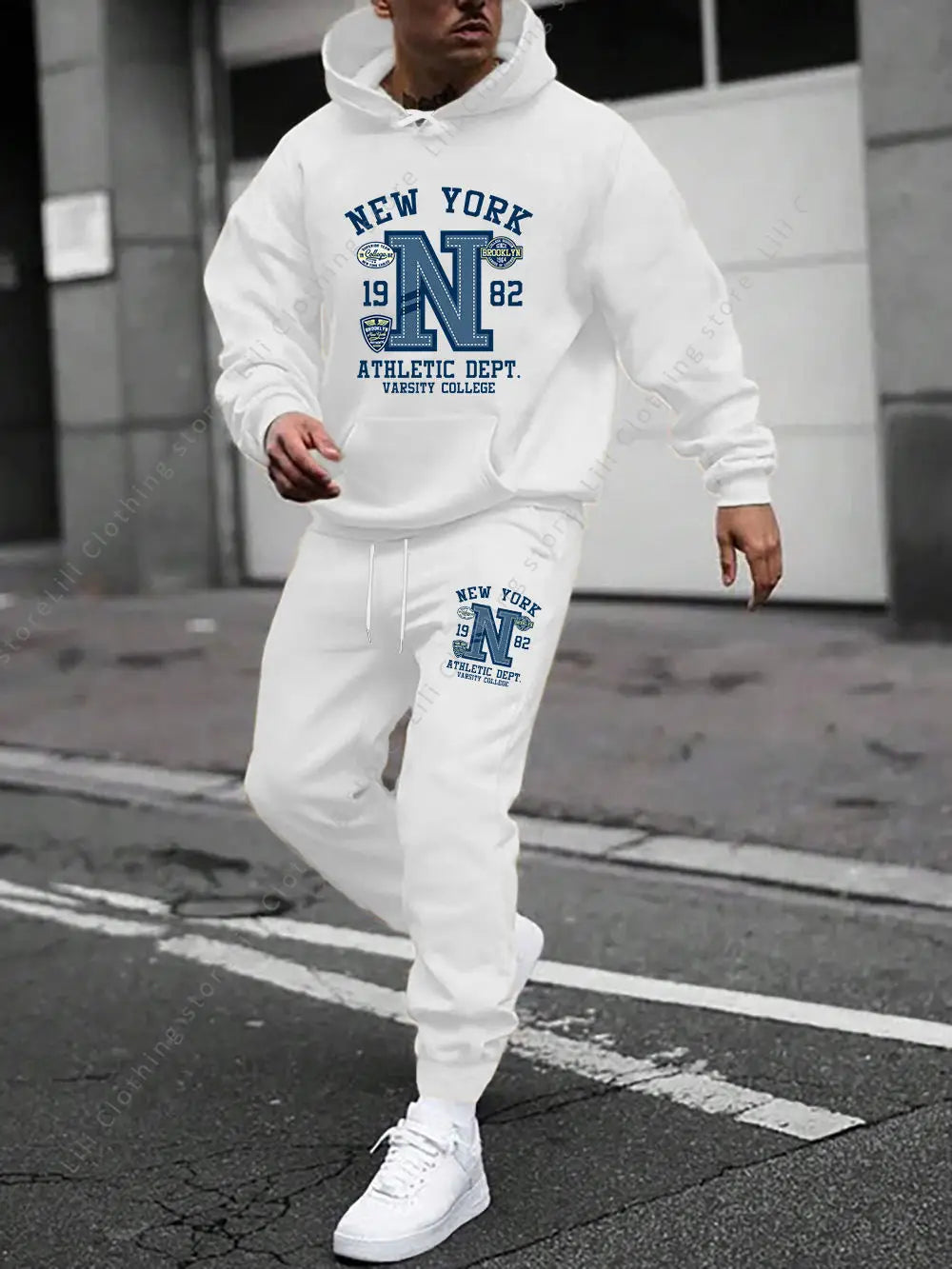 Men's Casual Gothic Letter Print Hoodie and Pants Two Piece Tracksuit Set