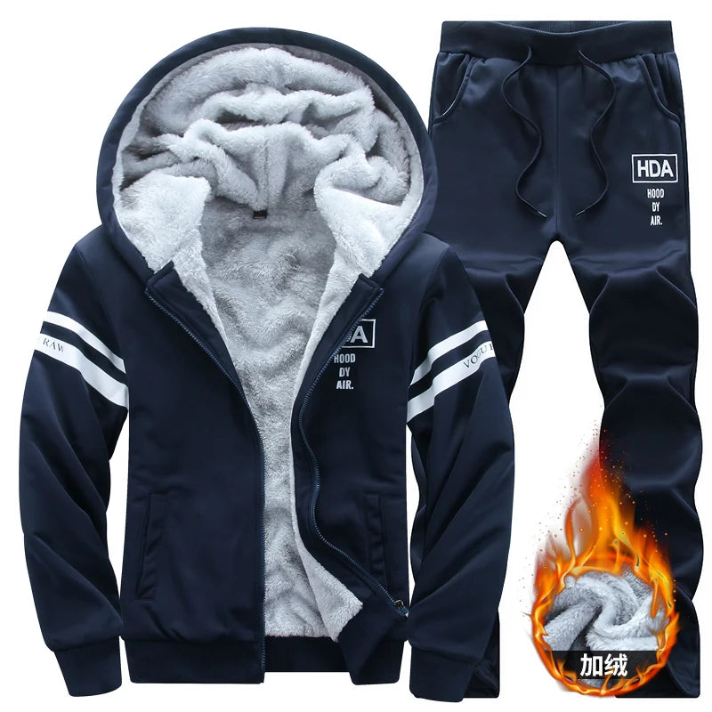 Men's Casual Plush Thickened Hoodie and Pants Two Piece Tracksuit Set