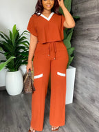 Women's Casual Short Sleeve Top and Straight Pants Set