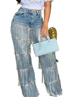 Women's High Waisted Straight Leg Jeans with Tassel and Sequin