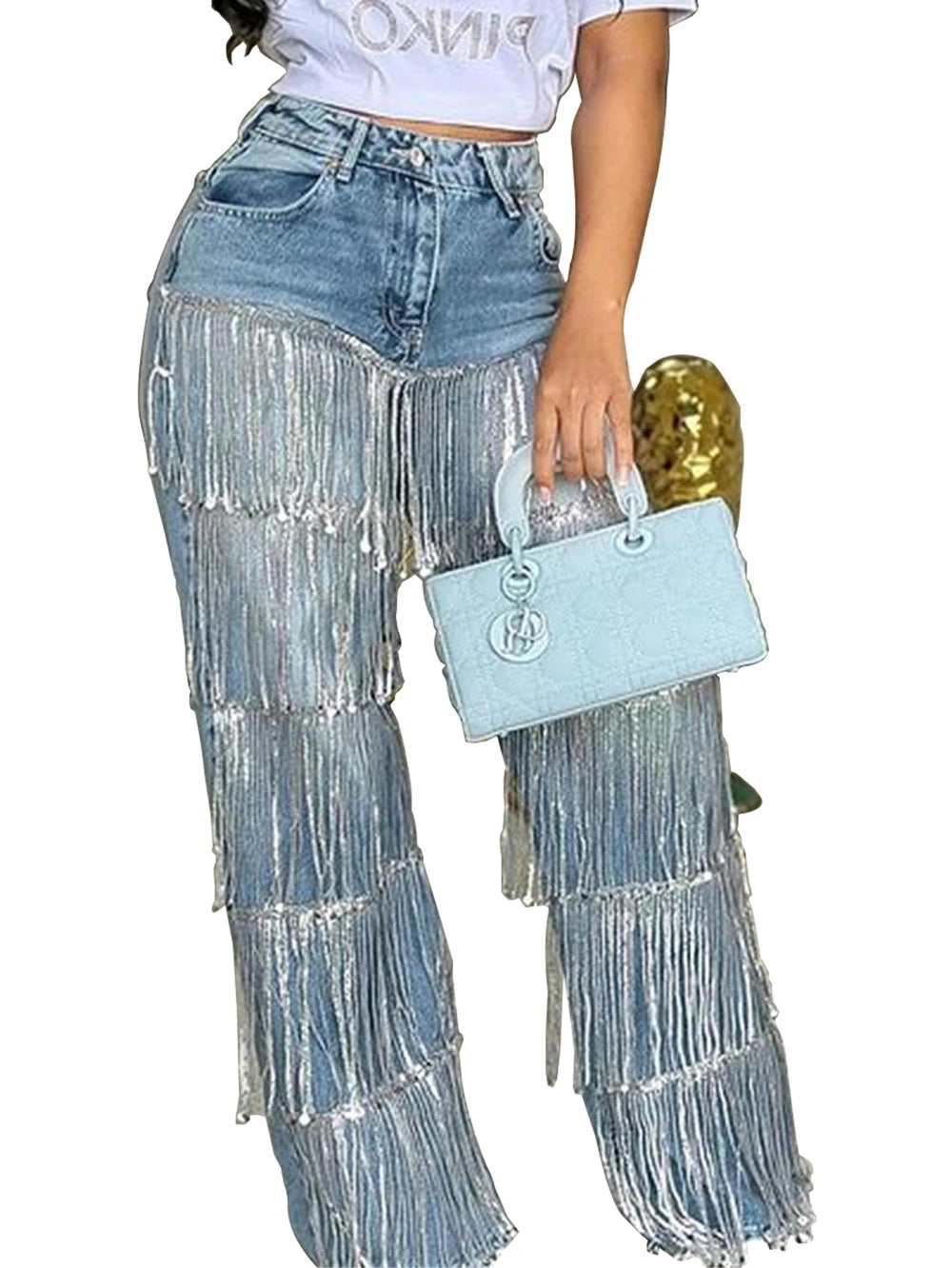 Women's High Waisted Straight Leg Jeans with Tassel and Sequin
