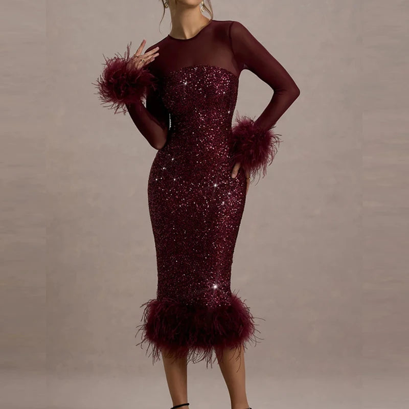 Women's Sequin Feather Patchwork Mesh Long Sleeve Dress