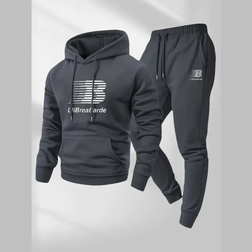 Men's Casual Print Hoodie and Lace-Up Running Pants Set