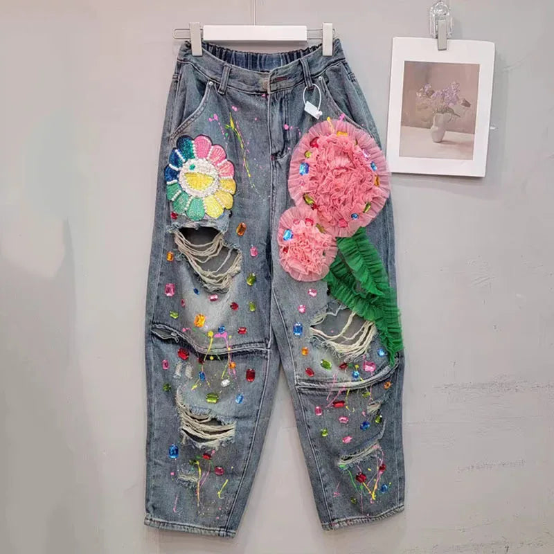 Women's 3D Flower Beaded Elastic High Waist Loose Jeans