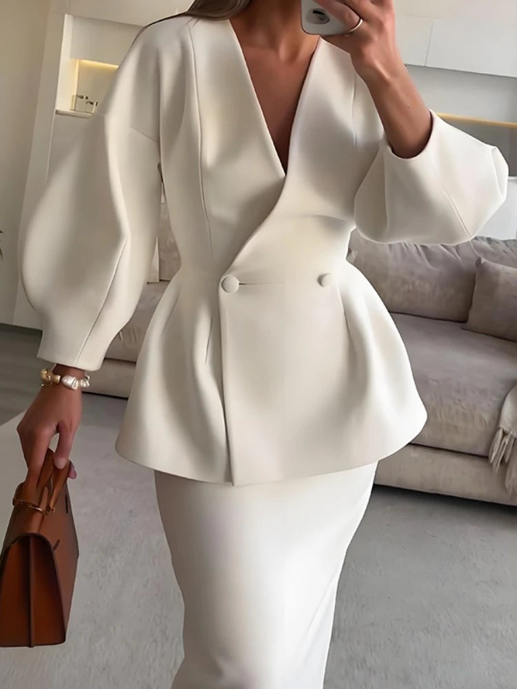 Women's Puff Sleeve Blazer and Skirt Set