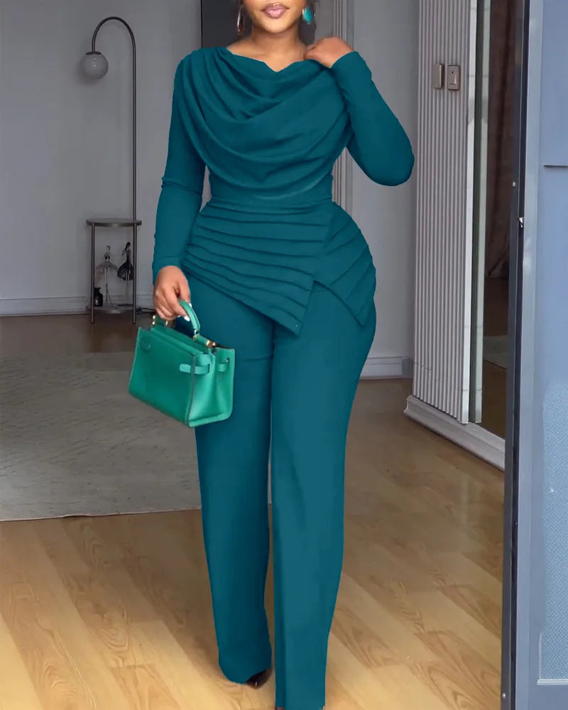 Women's Swing Collar Ruched Long Sleeve Jumpsuit