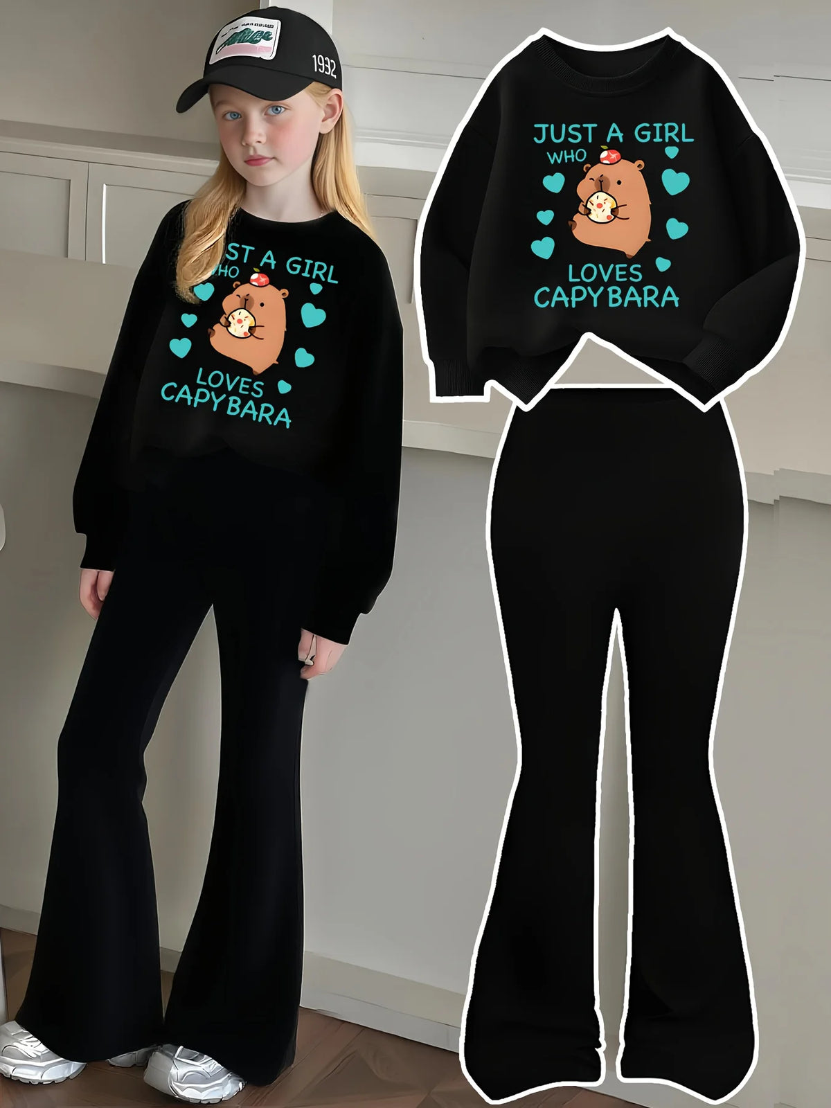 Girls' Capybara Print Sweatshirt Flared Pants Two-Piece Set