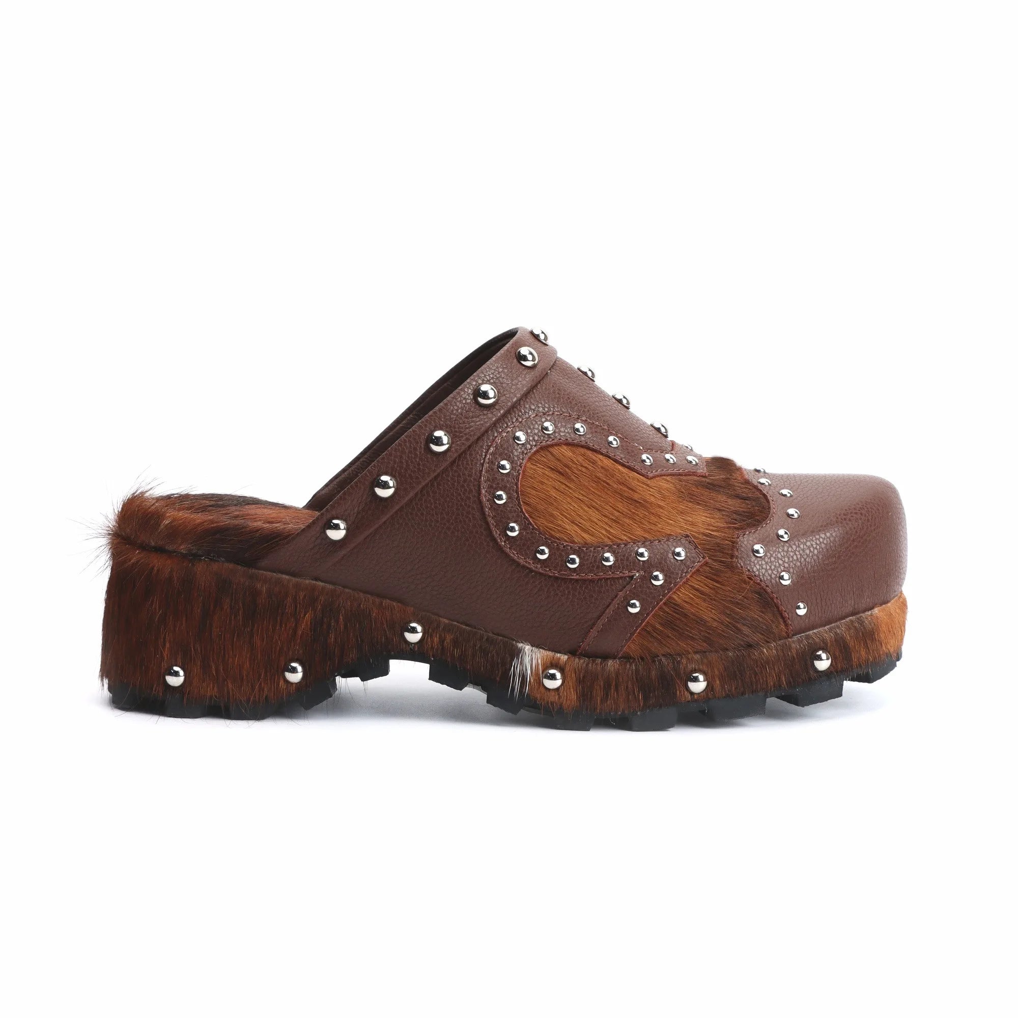 Women's Handmade Studded Fur Platform Clogs