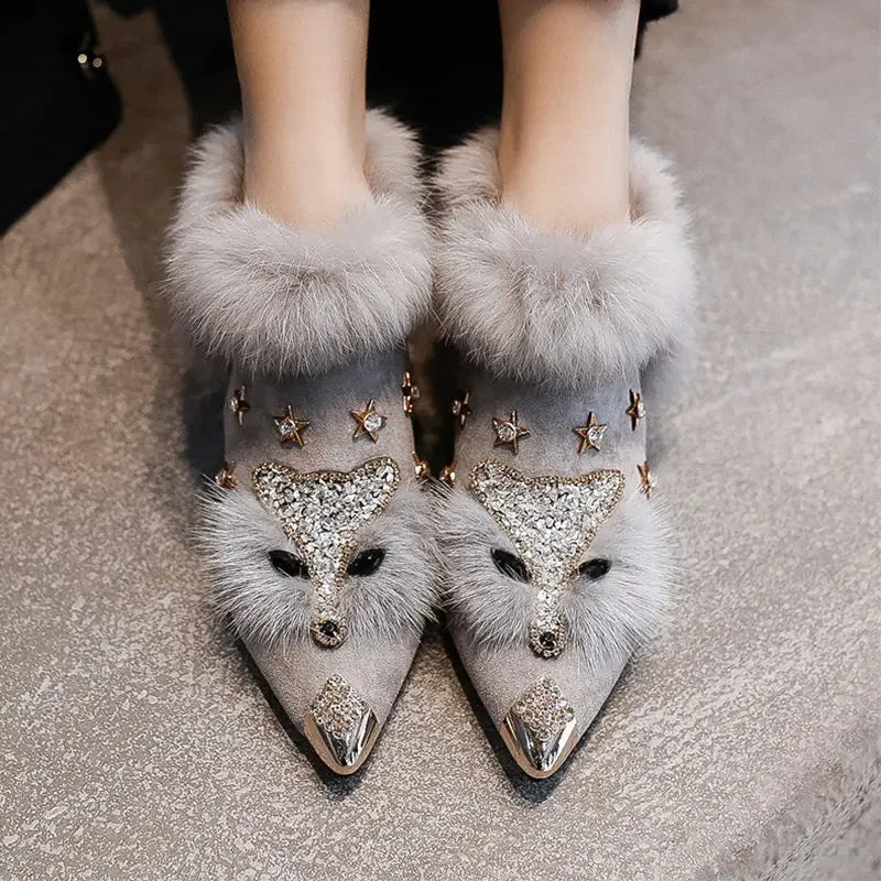 Women's Crystal Fox Head Pointed Toe Plush Ankle Boots