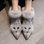 Women's Crystal Fox Head Pointed Toe Plush Ankle Boots