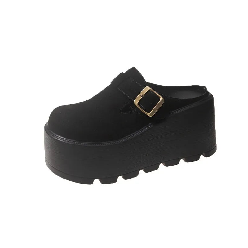 2025 New 9cm Women's Platform Heel Mules Casual Buckle Shoes Closed Toe Backless Slip On Walking Increase Height Wedge Slippers