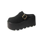 2025 New 9cm Women's Platform Heel Mules Casual Buckle Shoes Closed Toe Backless Slip On Walking Increase Height Wedge Slippers