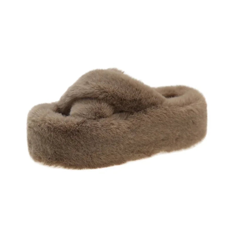 Women's Faux Fur Platform Slippers Soft Plush Indoor House Shoes