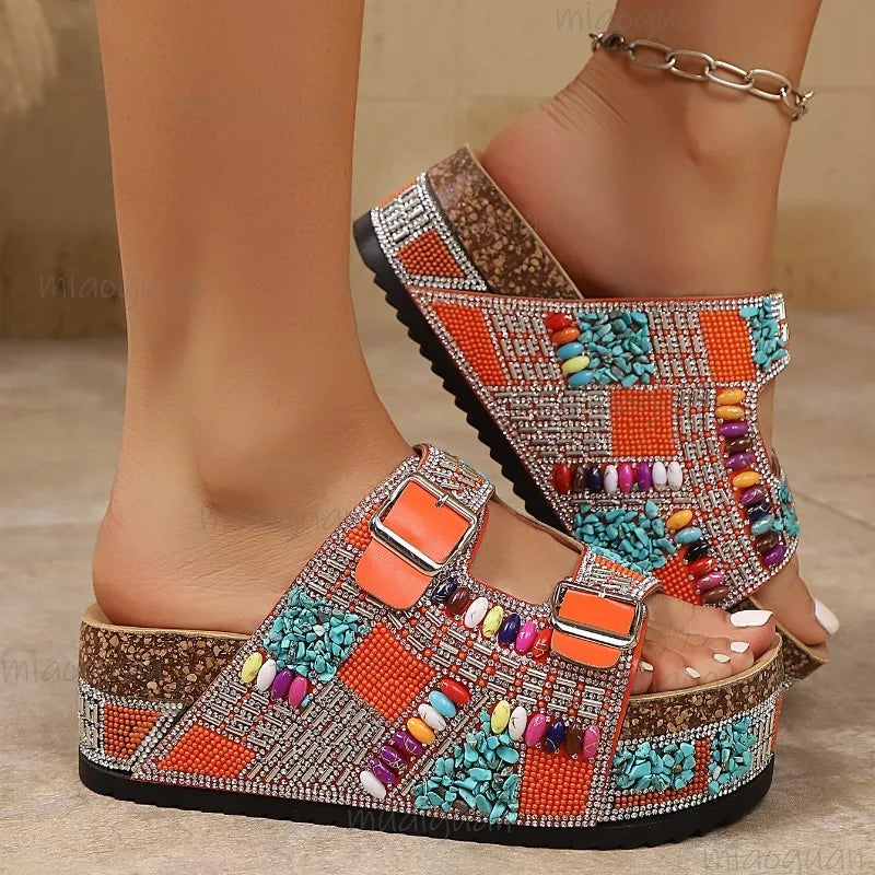 Women's Rhinestone Beaded Platform Wedge Sandals Buckle Strap Slides
