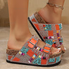 Women's Rhinestone Beaded Platform Wedge Sandals Buckle Strap Slides