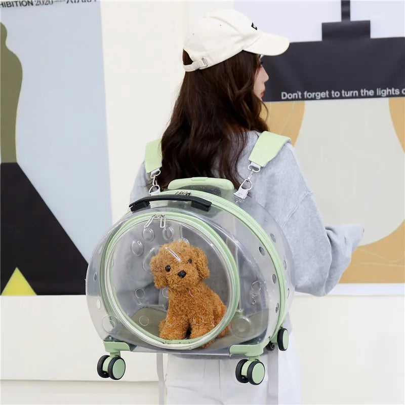 Portable Breathable Transparent Rolling Pet Travel Backpack