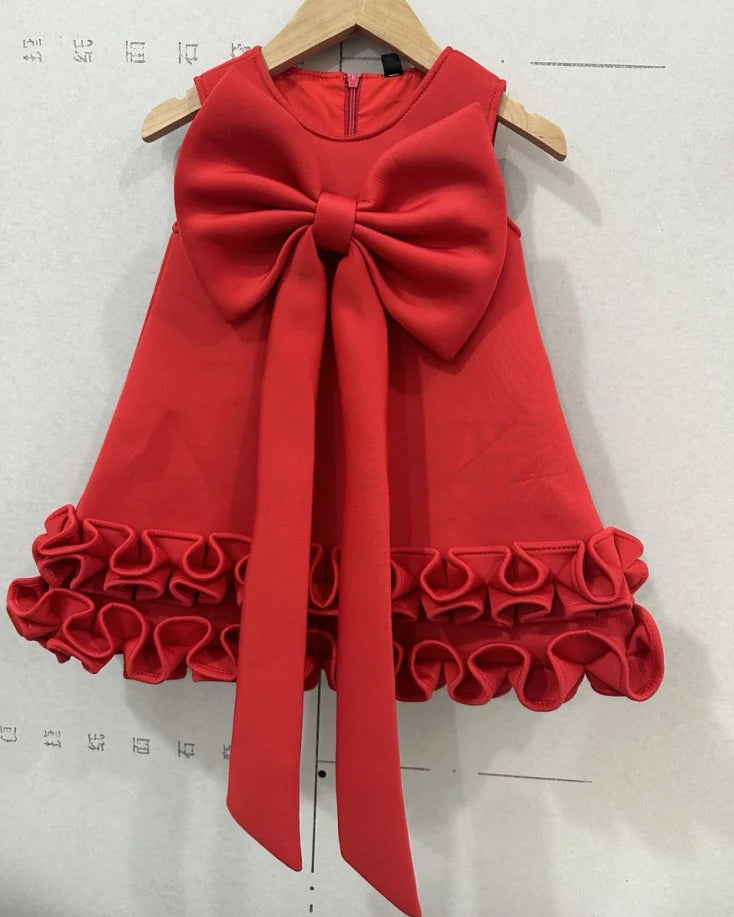 Girls' Bowknot Ruffled Hem Sleeveless Princess Dress A4028-3