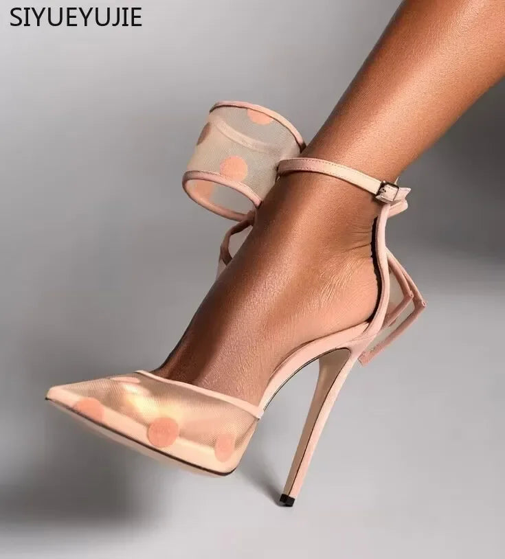 Women's Polka Dot Bow Mesh Pointed Toe Stiletto Pumps