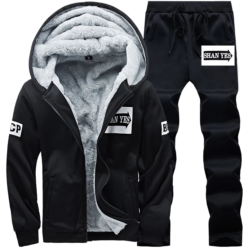 Men's Casual Plush Thickened Hoodie and Pants Two Piece Tracksuit Set
