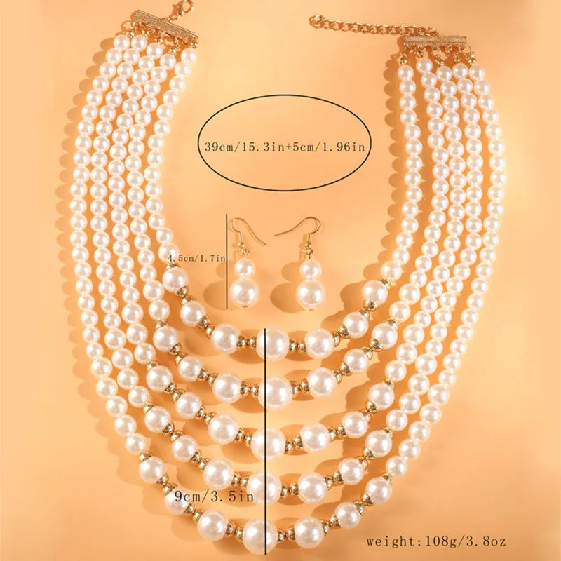 Simulated Pearl Multilayer Necklace and Earrings Jewelry Set
