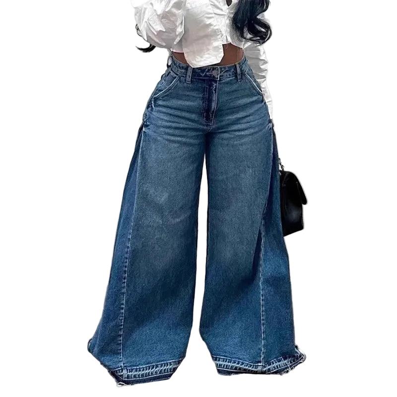 Women's Retro Wide Leg Denim Jeans Splicing Casual Long Pants