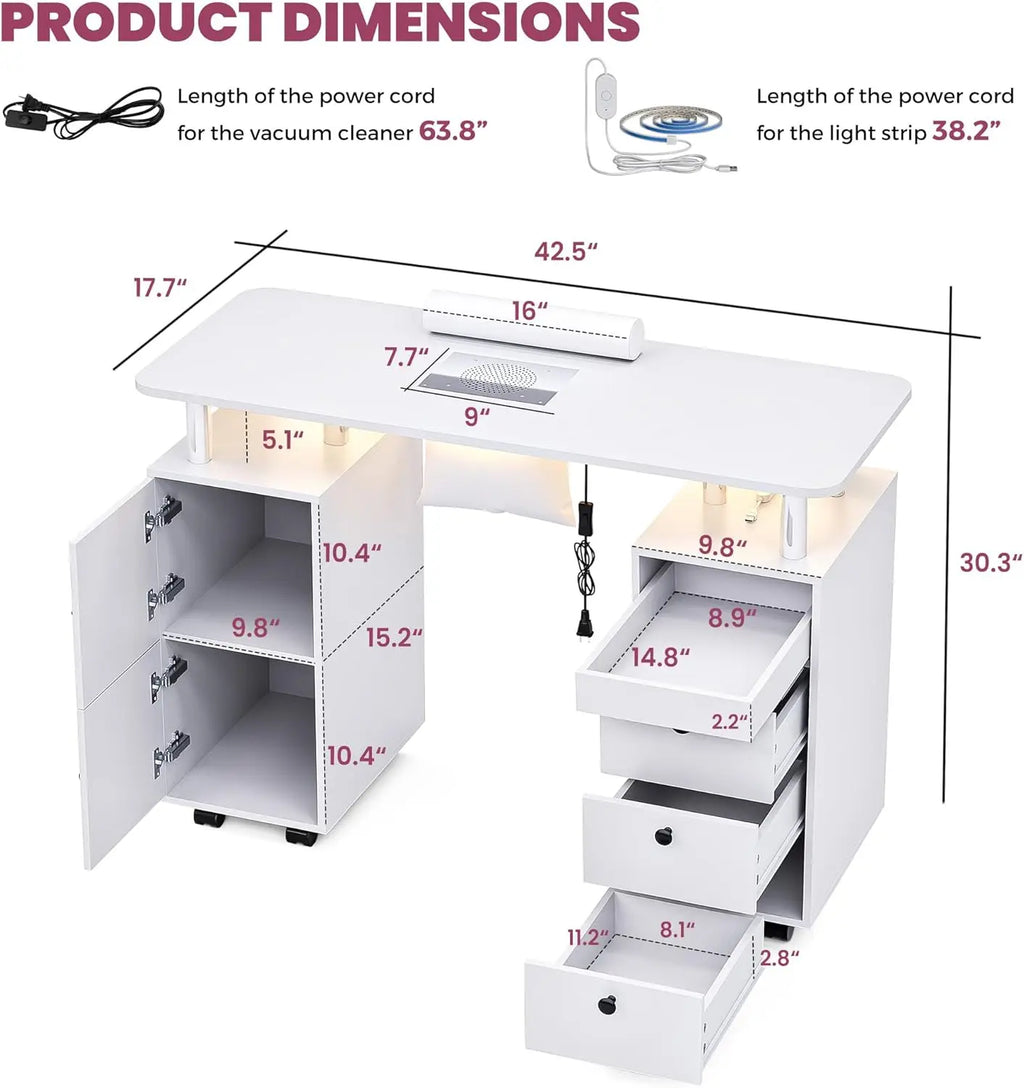 Rolling Manicure Table Nail Desk with Dust Collector and LED Lights White