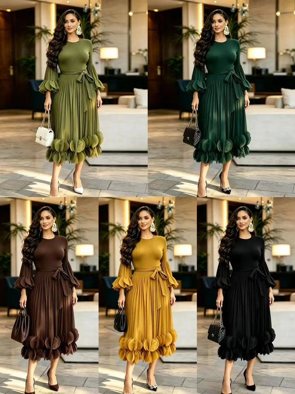 Women's Pleated Ruffle Edge Round Neck Long Dress