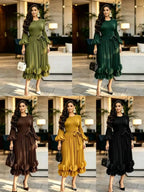 Women's Pleated Ruffle Edge Round Neck Long Dress