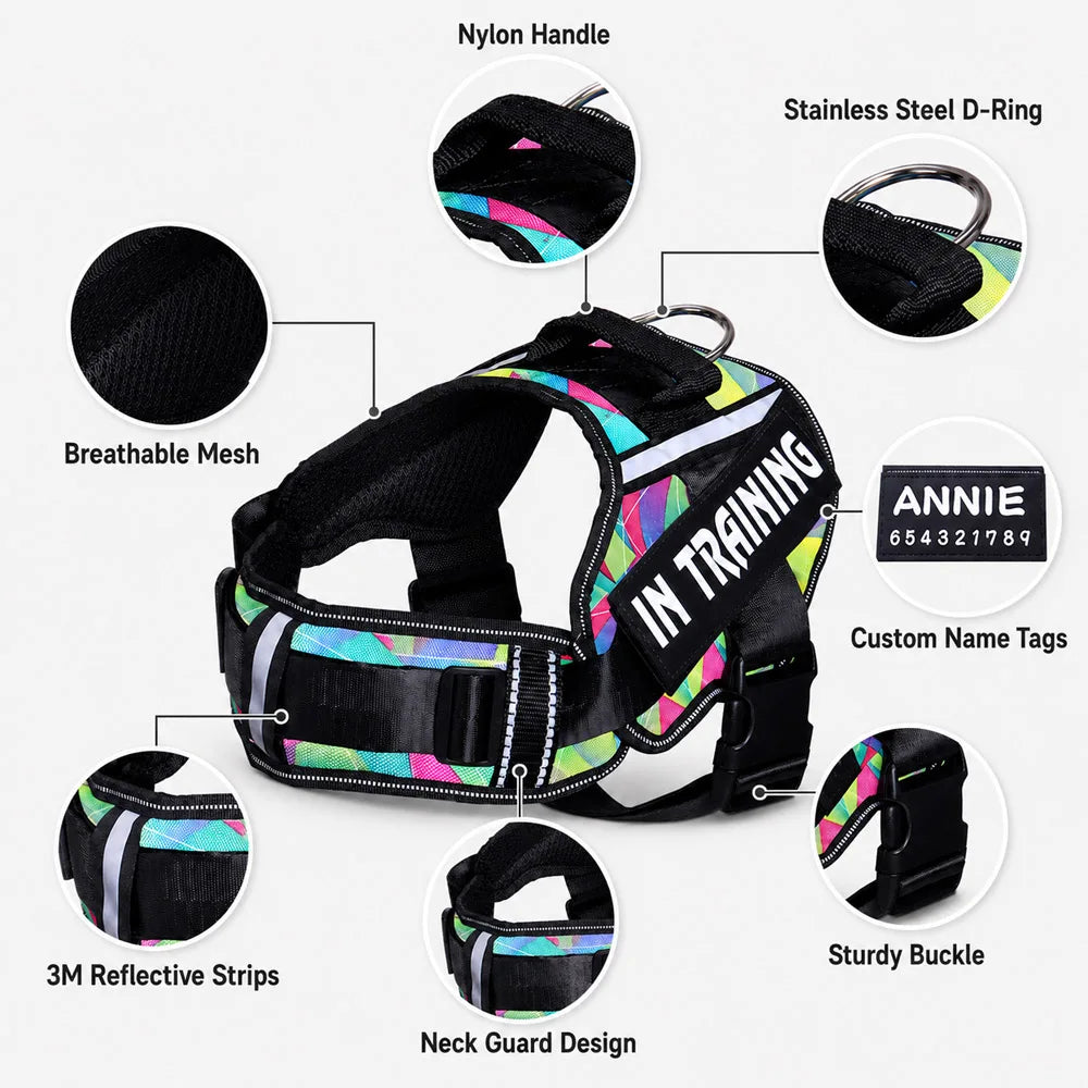 Adjustable Nylon Dog Harness with Neck Guard and Reflective Breathable Mesh Vest