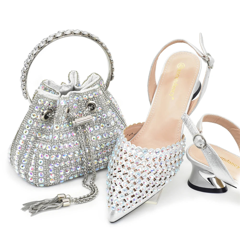 Women's Rhinestone Pointed Toe Mid Heel Pumps and Bag Set