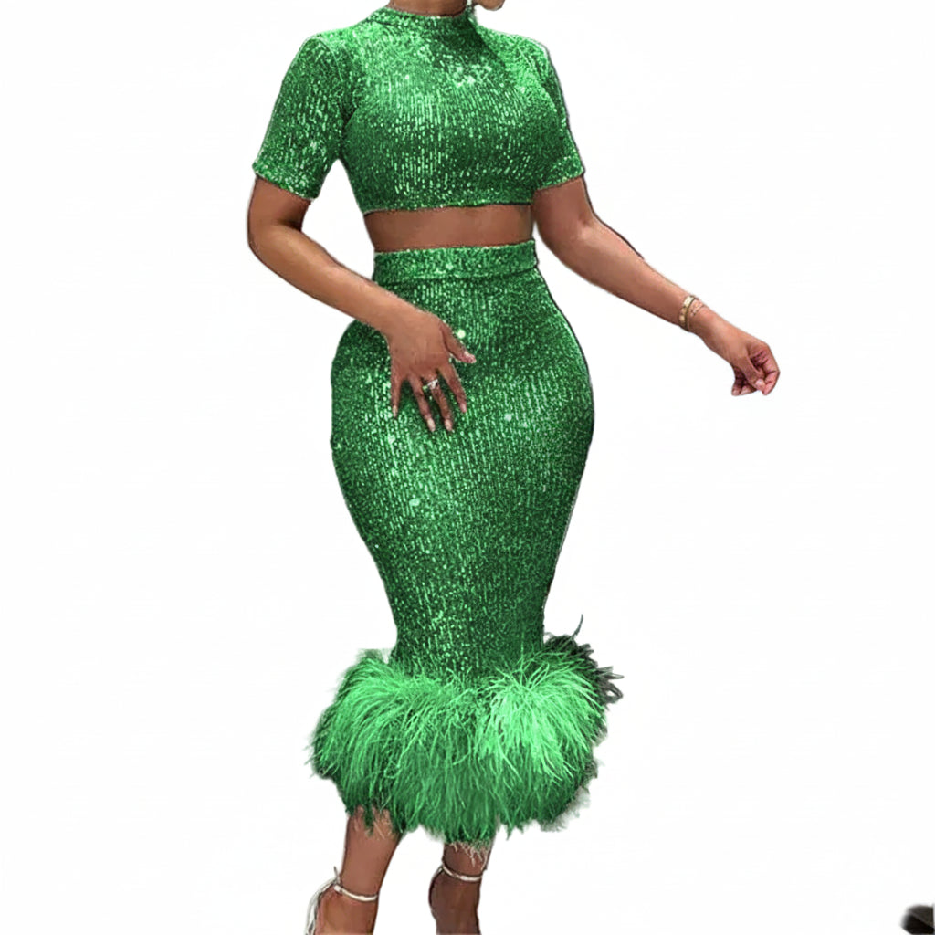 Women's Sequins Glitter Feather Crop Top and Skirt Two Piece Set