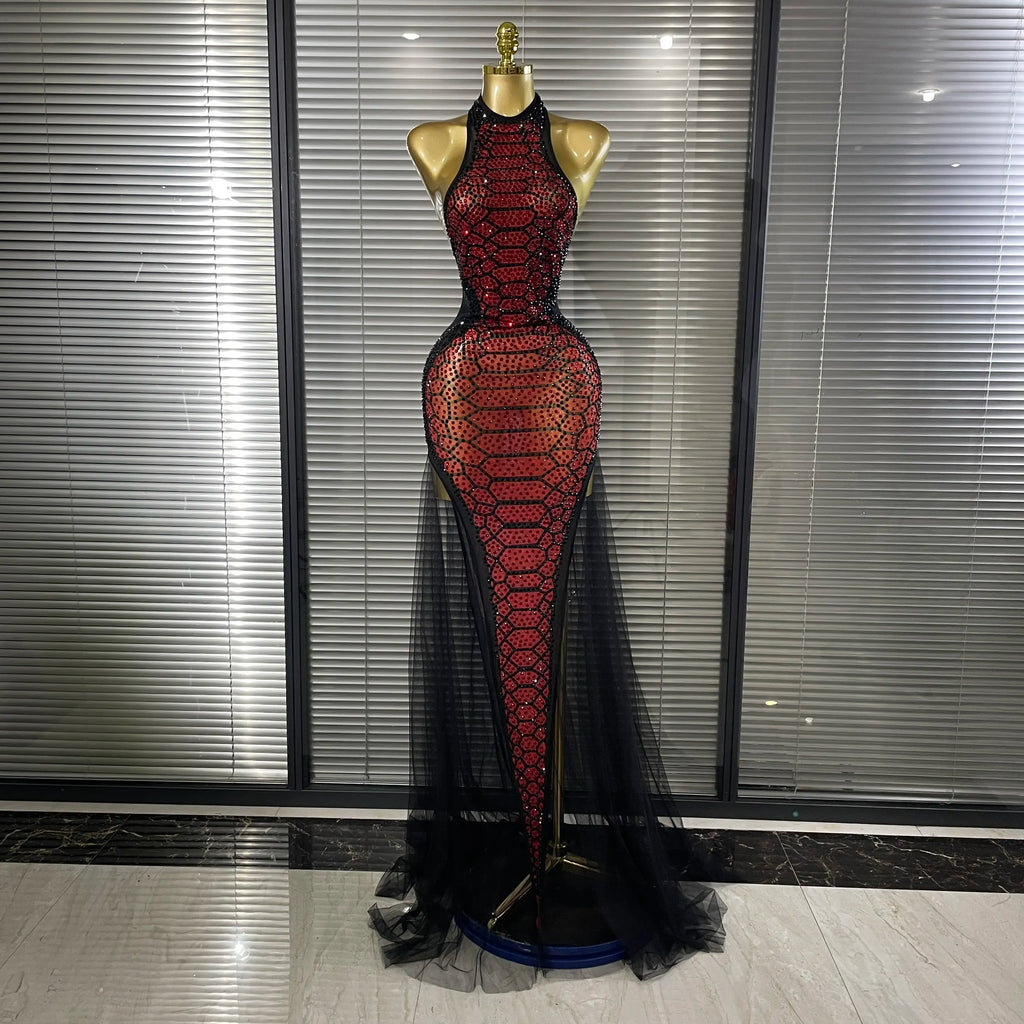 Women's Sexy Rhinestone Halter Backless Mesh Maxi Dress