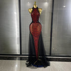 Women's Sexy Rhinestone Halter Backless Mesh Maxi Dress