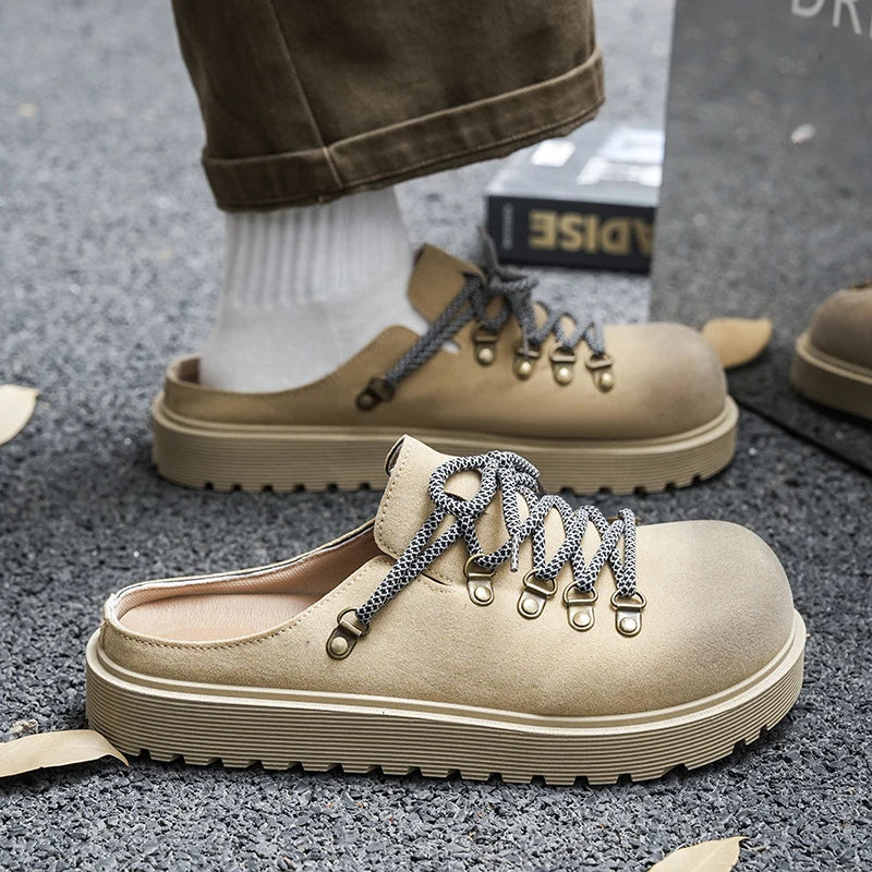 Men's Suede Closed Toe Lace-up Flat Loafer Slippers