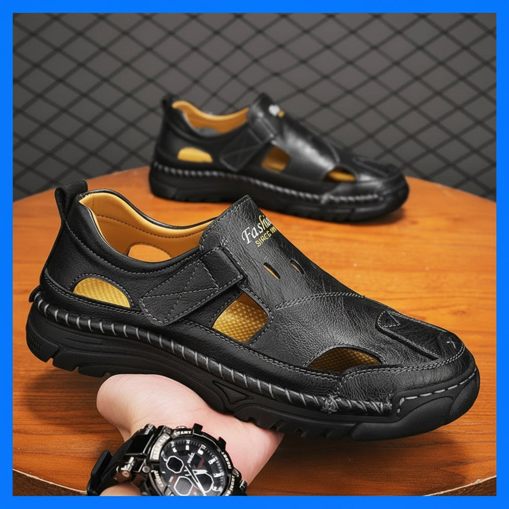 Laxsesu Men's Closed-Toe Leather Sandals Breathable Hollow Outdoor Shoes