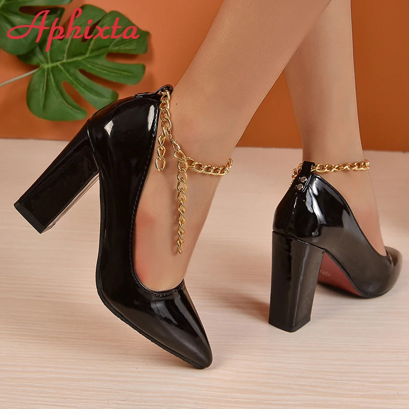 Women's Pointed Toe Gold Chain Ankle Strap 3.9 in Square Heel Pumps