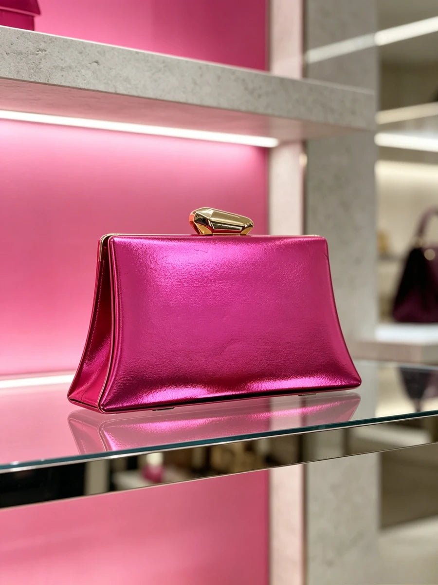 Women's Metallic Trapezoid Evening Clutch Bag with Gold Clasp